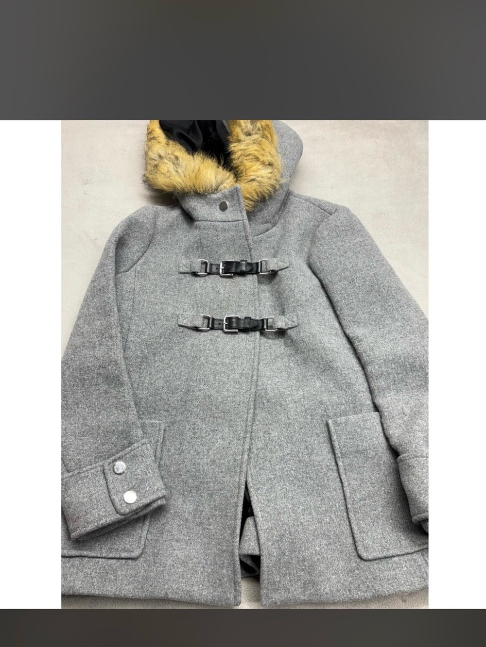 Maje Ganxiou Gris Grey Wool Blend Faux Fur Hood Duffle coat jacket size 38.